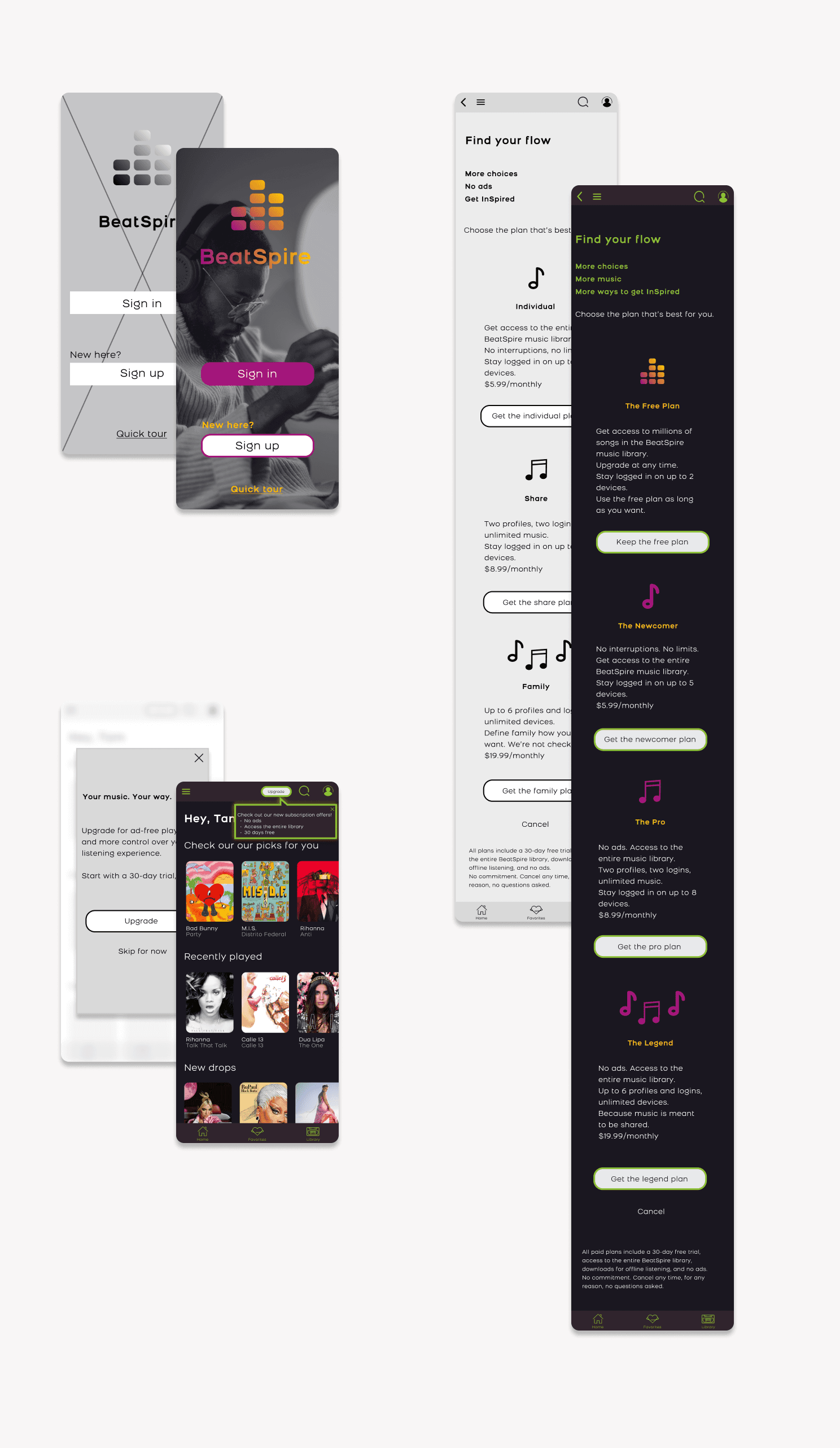 Screen shots of the first iterations of the app screens, in greyscale. Each screen has its final version placed over it, toward the right.