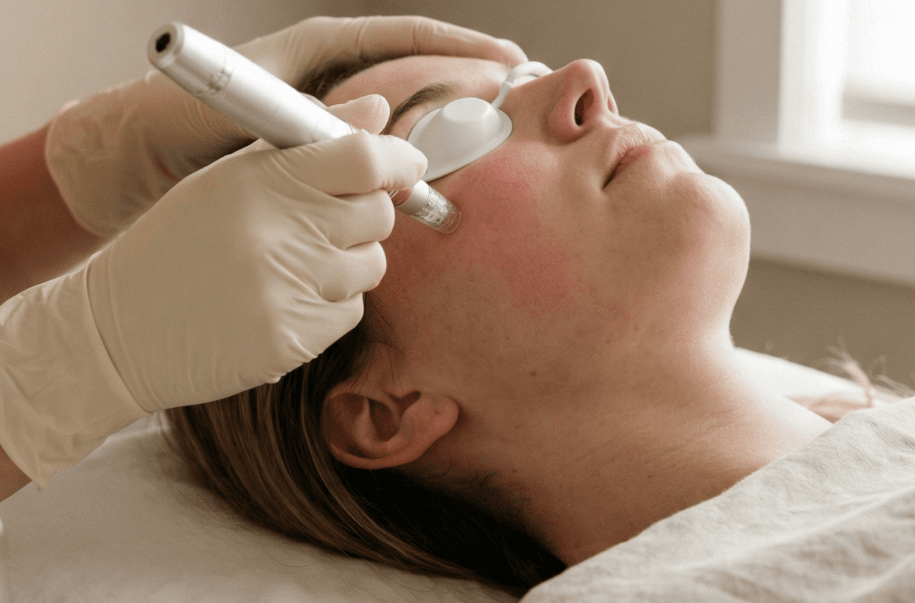 Man receiving microneedling facial treatment to stimulate collagen production, improve skin texture, and reduce scars and wrinkles.