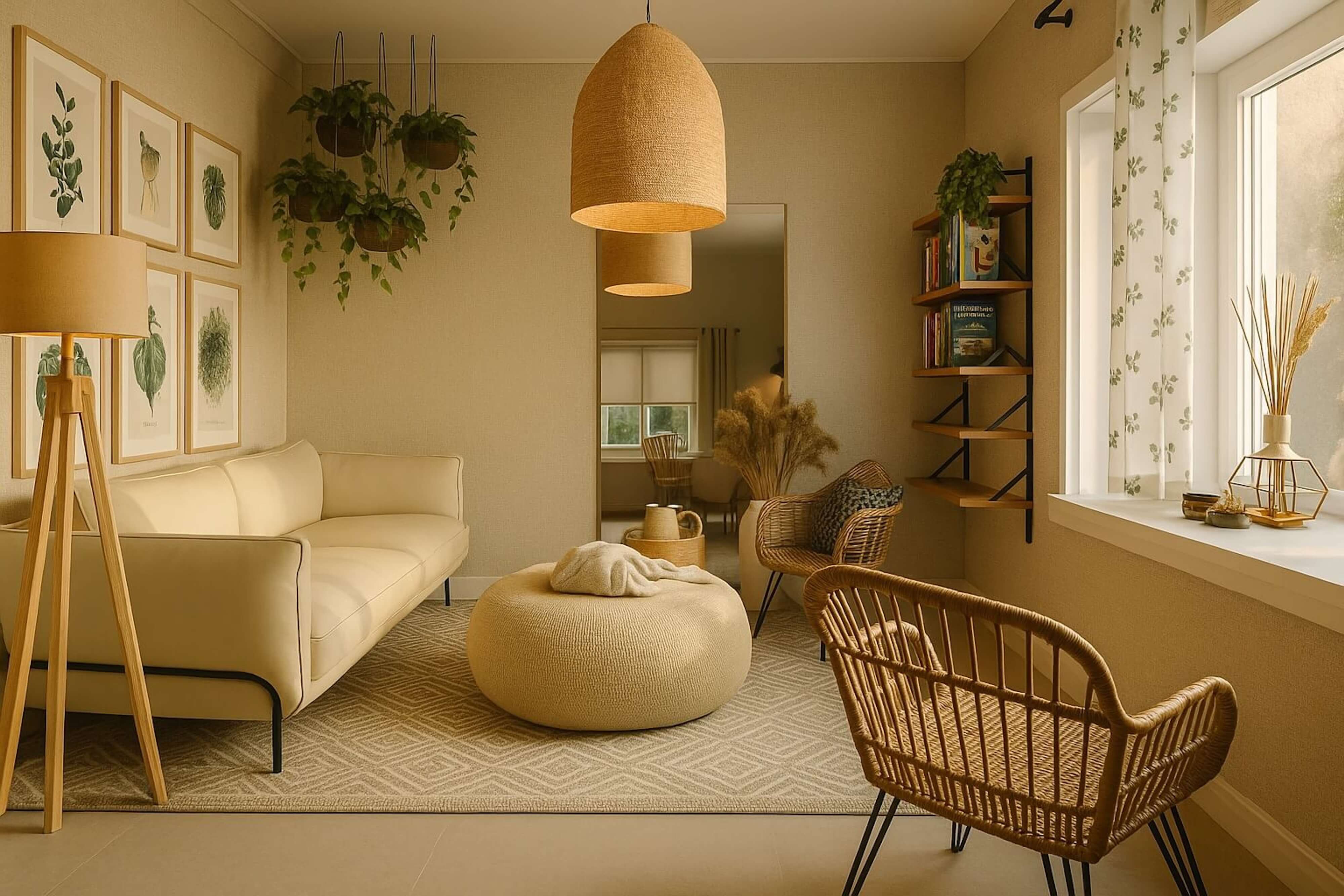 Warm modern living room featuring natural materials, rattan chairs, soft neutral palette, and large windows bringing in sunlight.