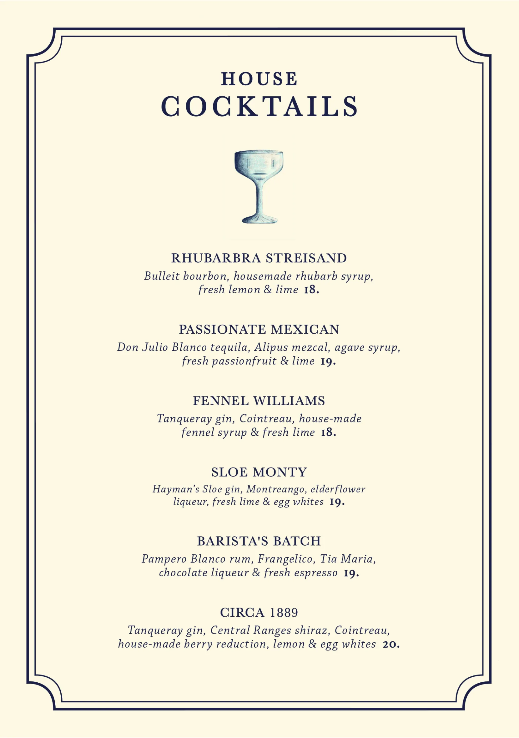 Small Bar cocktail menu design, showing the House Cocktails page