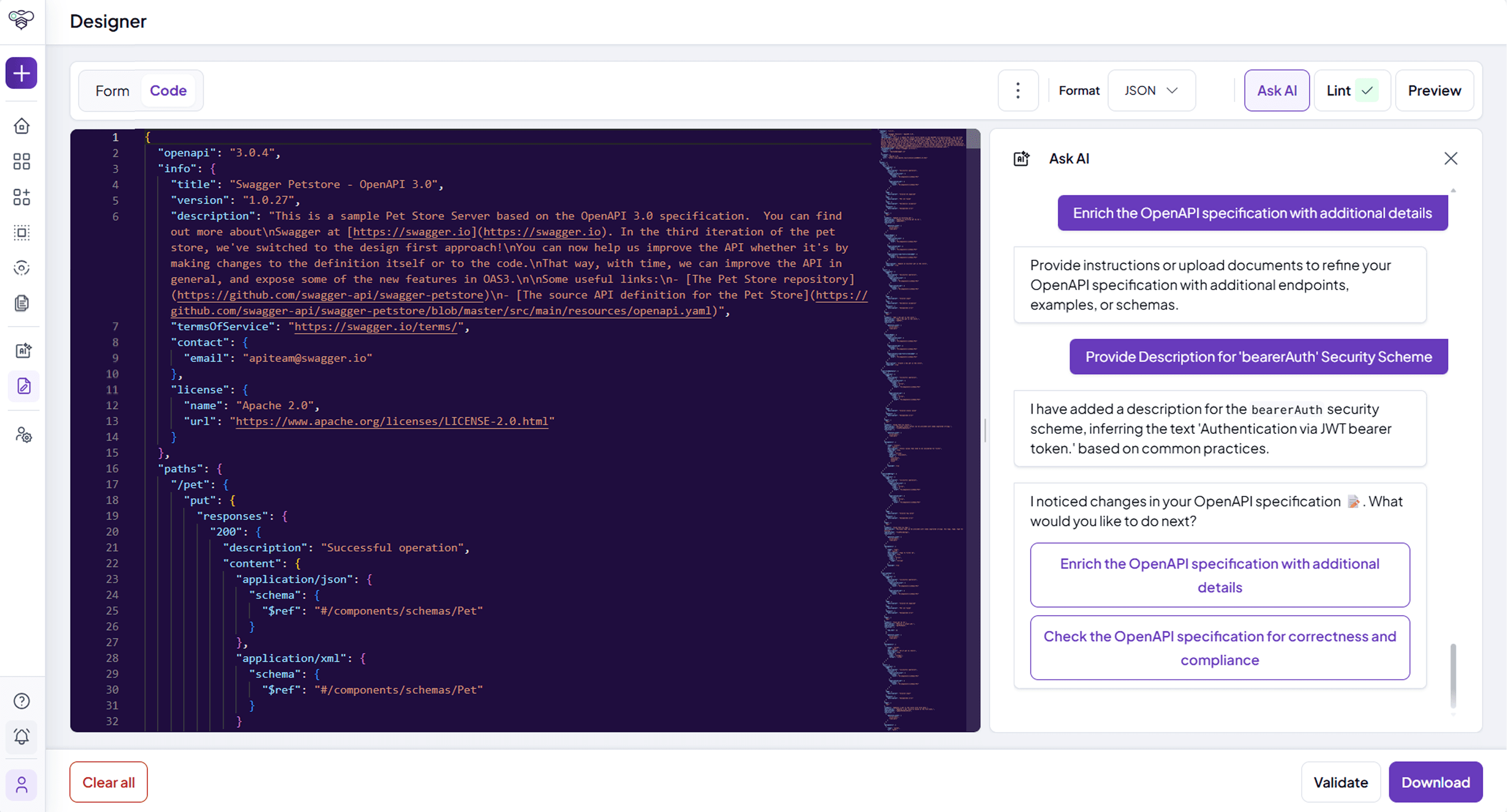 API Designer with the Ask AI panel suggesting enrichments to the OpenAPI specification