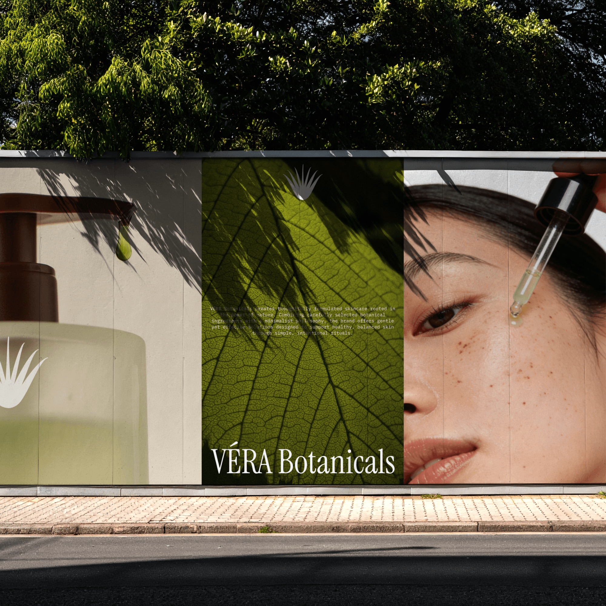 A sidewalk billboard advertising a natural skincare brand.