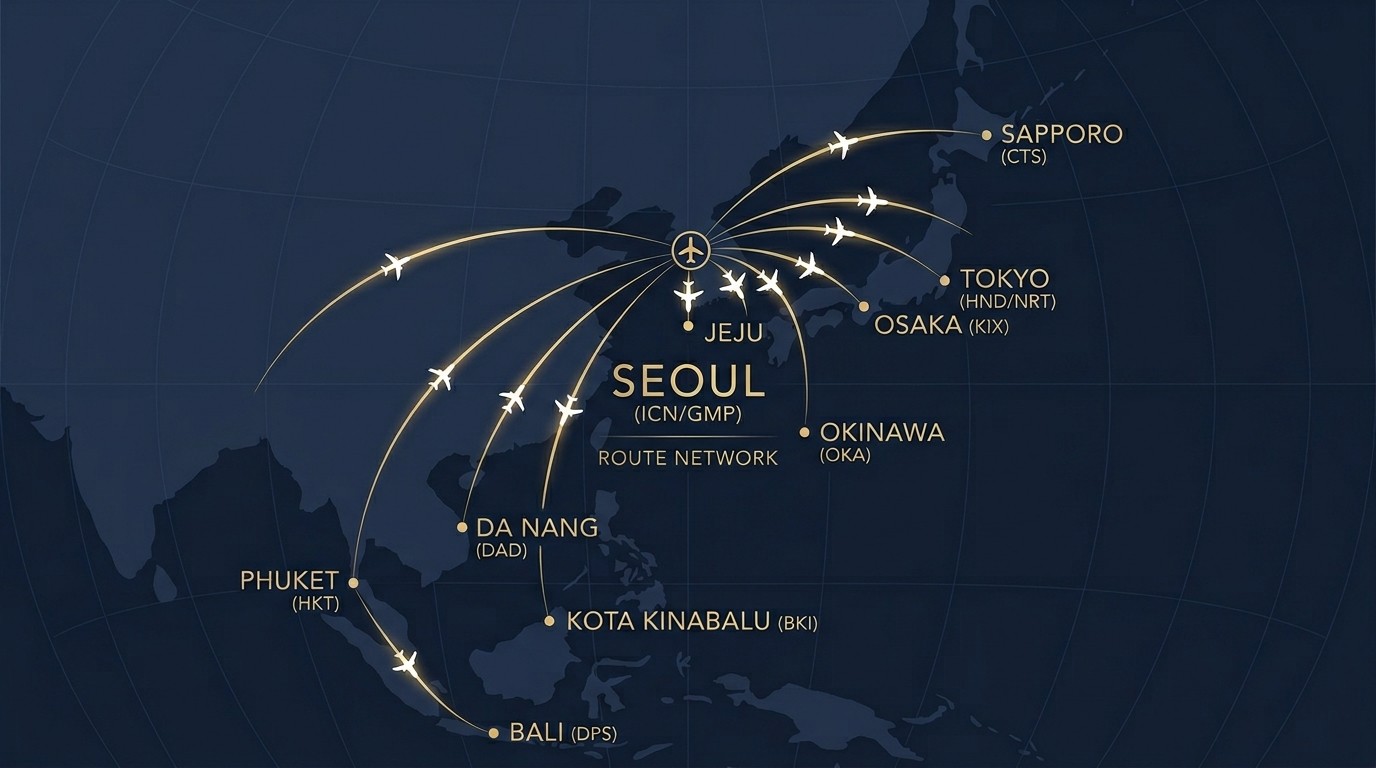 Route map of summer family private jet flights from Incheon and Gimpo to Japan and Southeast Asia resorts