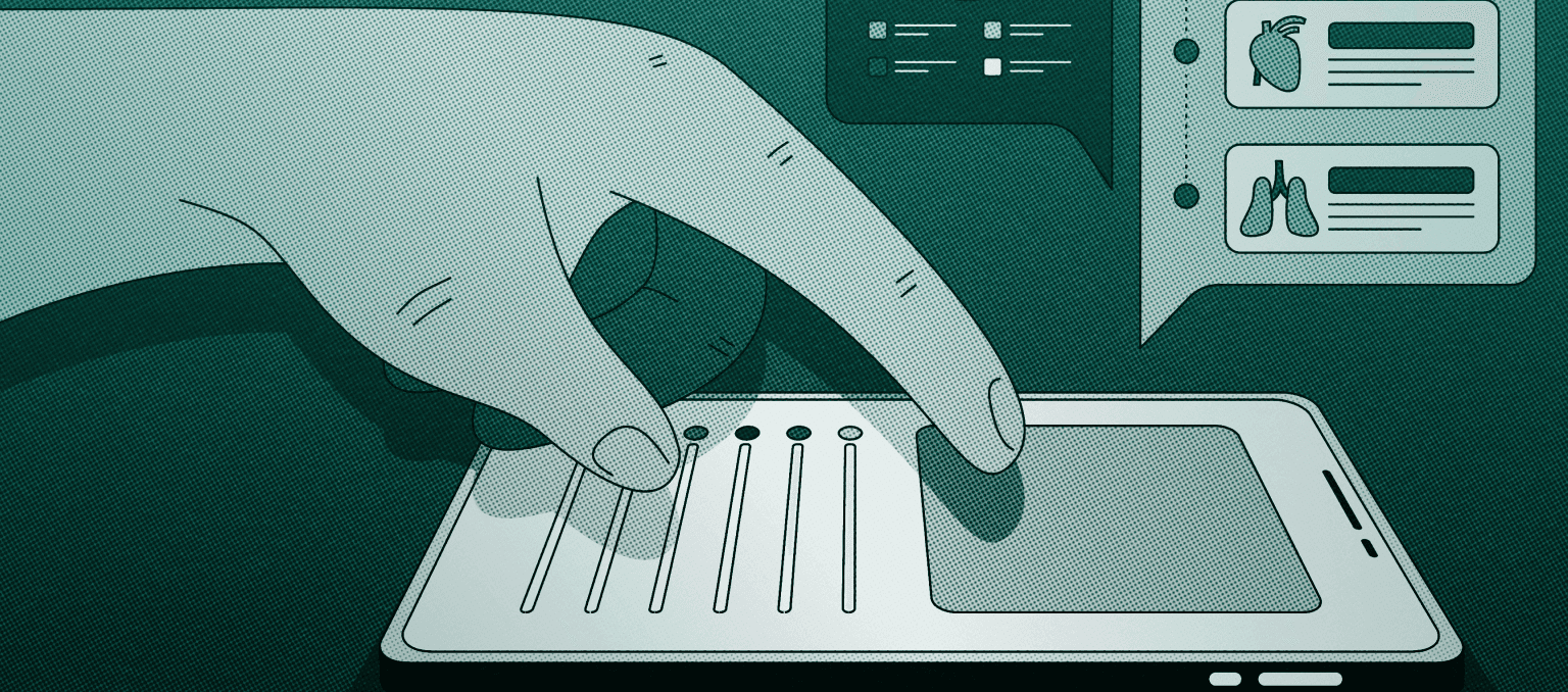Abstract illustration of a hand managing data on a mobile device, with heart and lung icons representing healthcare marketing automation.