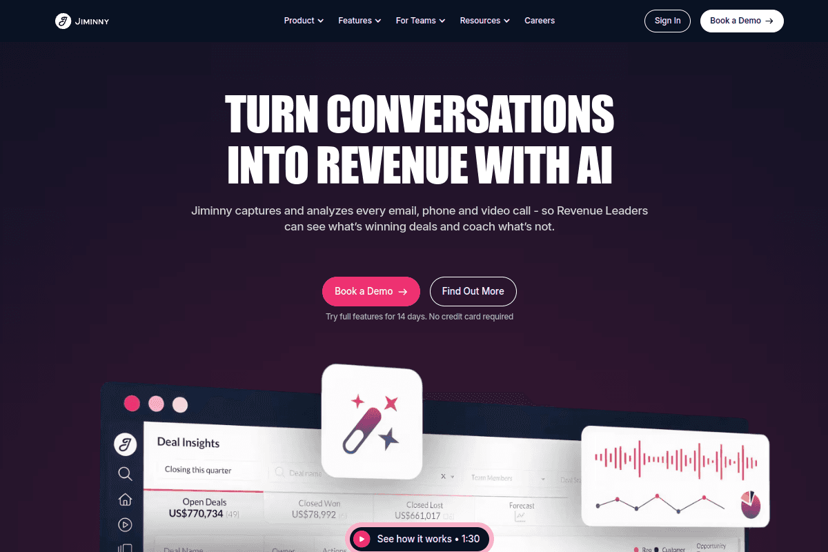 Jiminny homepage, conversation-intelligence and coaching platform, shown for context only