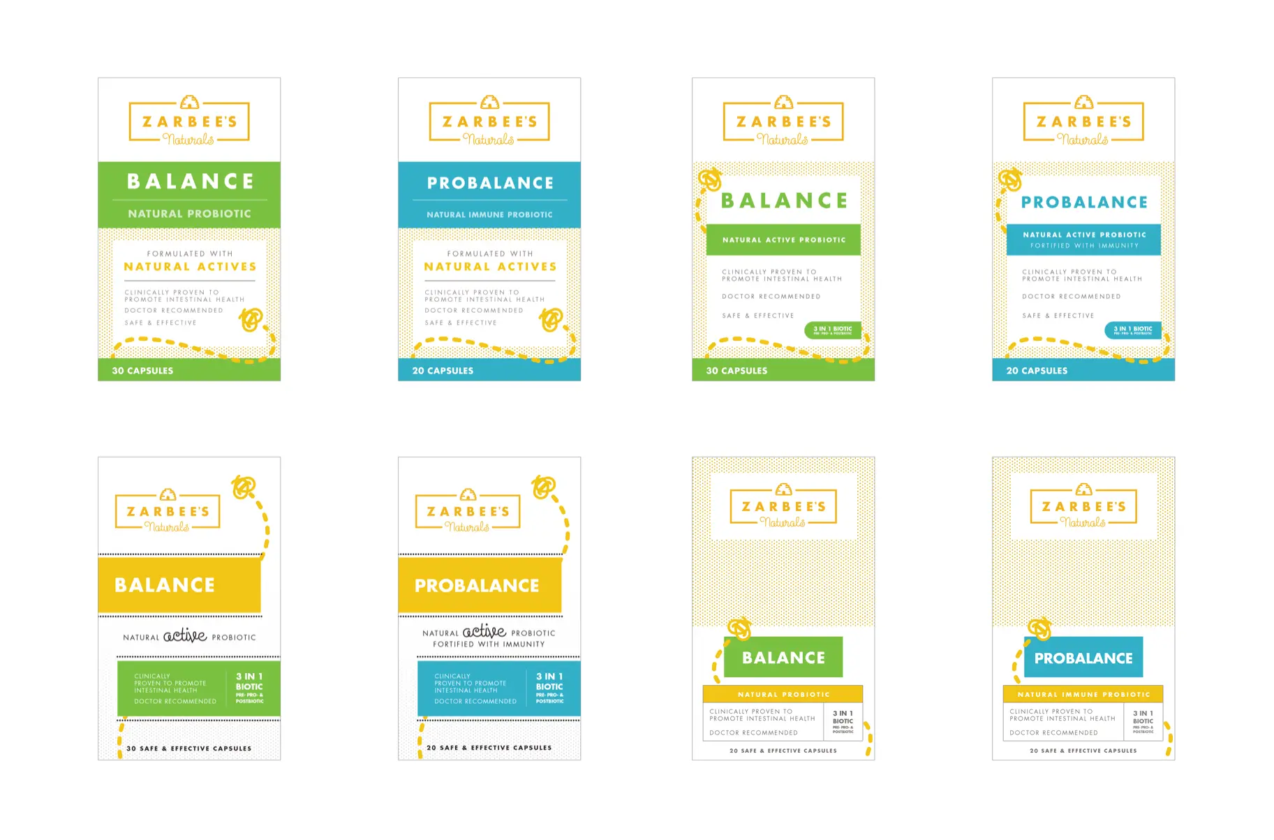 Eight packaging design explorations for Zarbee's Naturals Balance and Probalance probiotic lines, showing iterative layout variations across yellow, teal, and white color schemes with different typographic hierarchies and structural approaches.
