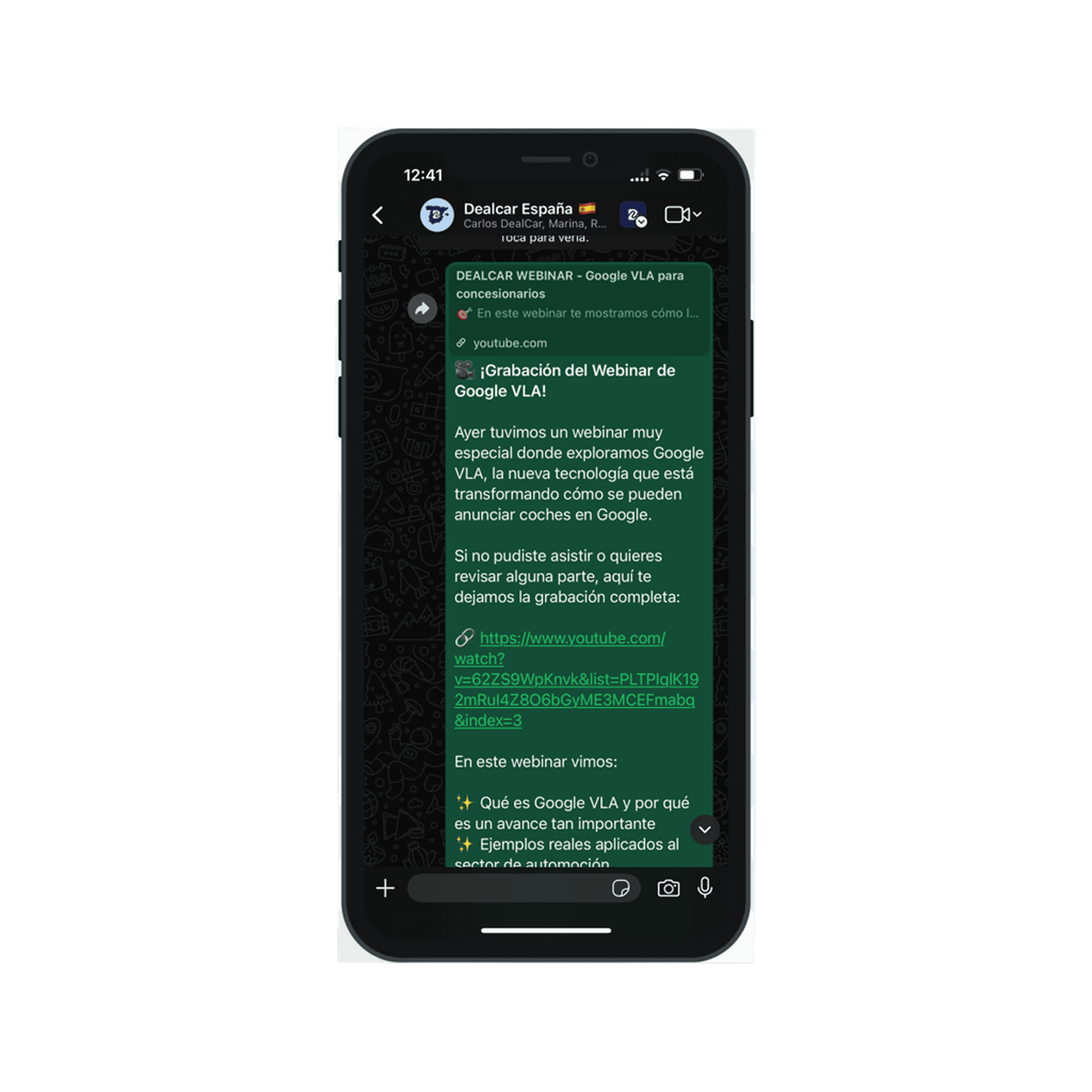 Screenshot di Telegram: annuncio del webinar di Google VLA
