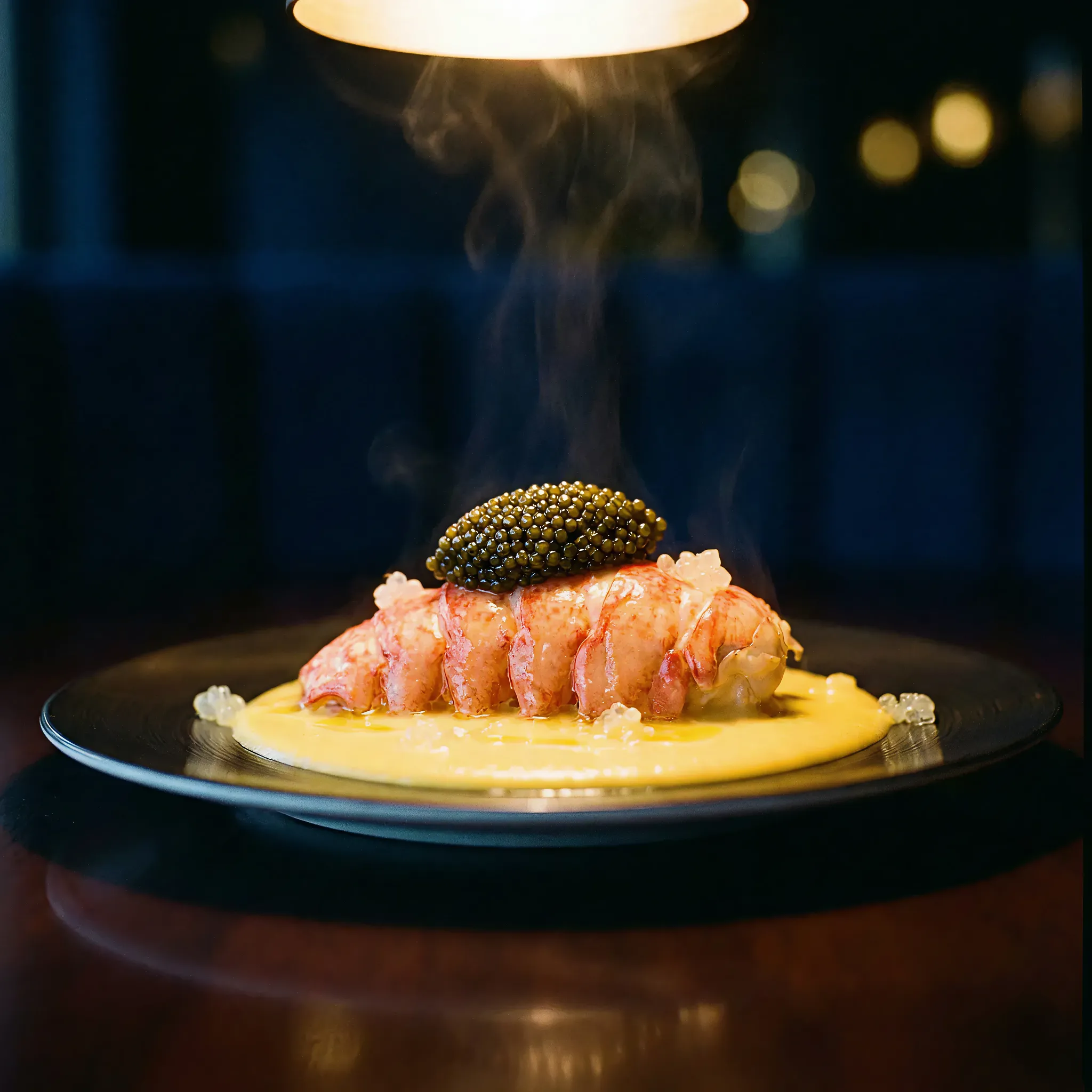 Elegant dish of poached lobster on creamy sauce topped with caviar, exuding steam under soft lighting, creating a luxurious and sophisticated ambiance.