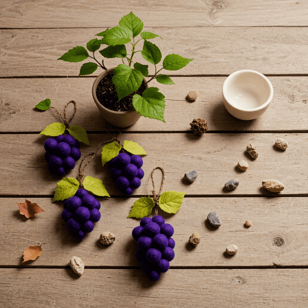 product photography of a set of grape-shaped felt decorations