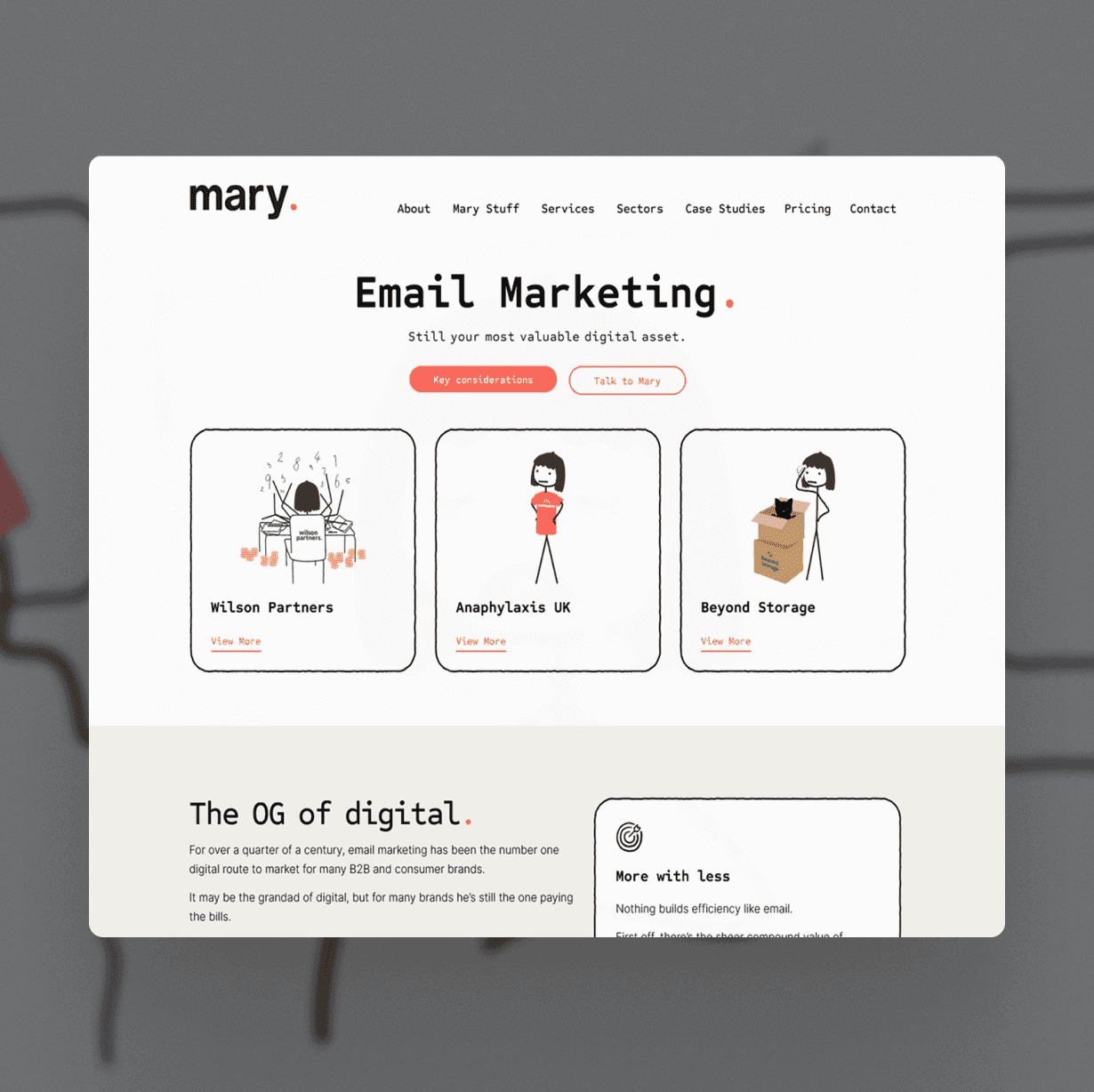 Mary Agency email marketing service page with stick figure character illustrations and the tagline "The OG of digital"
