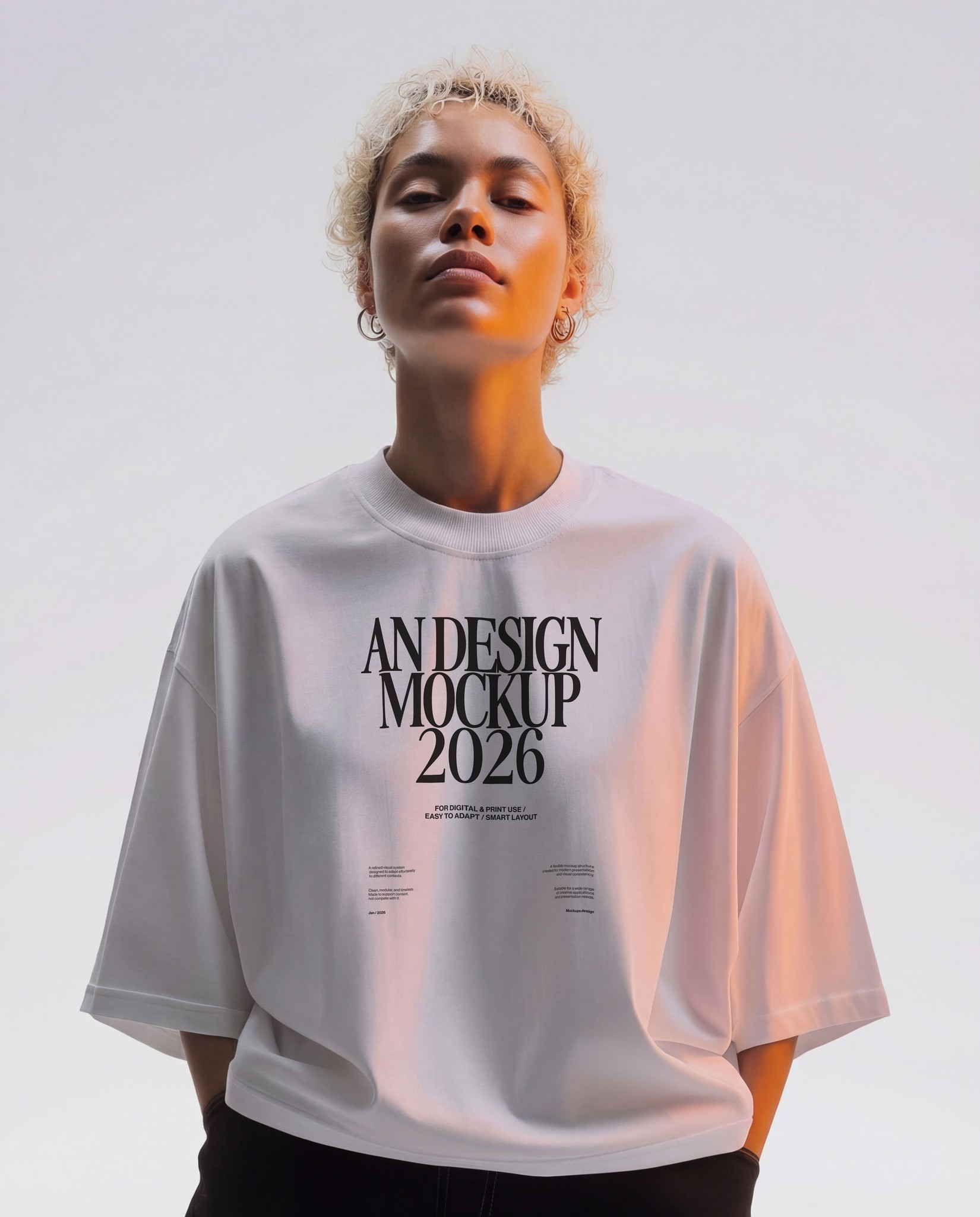 T-shirt mockup on clean minimal background, flat lay presentation