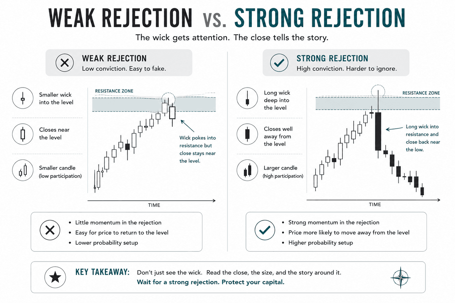 Educational infographic comparing weak and strong rejection candlesticks at a resistance zone. The visual highlights differences in wick length, candle close, candle size, and overall conviction to help traders distinguish between low-quality and high-quality rejection signals.