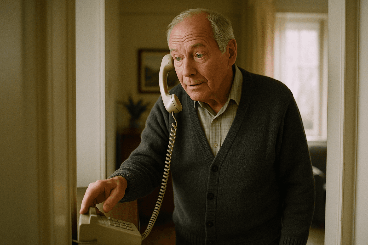 An older man reaches for a ringing landline phone in his softly lit living room.