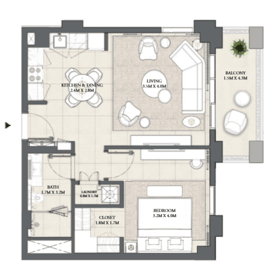 Floor plan of a two-bedroom apartment at Moor at Creek Beach, showcasing room layout and dimensions.