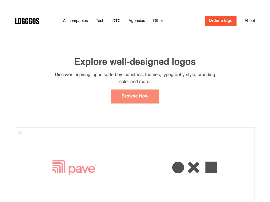 Website offering logo design services with modern branding options.