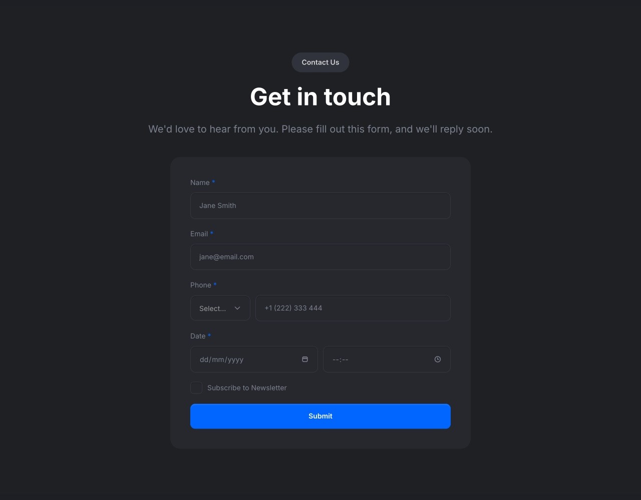 Framer Dark Contact Section - Frameblox UI