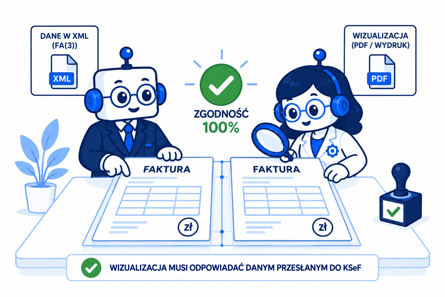 Robot i Robotka sprawdzają zgodność wizualizacji faktury z danymi przesłanymi do KSeF.
