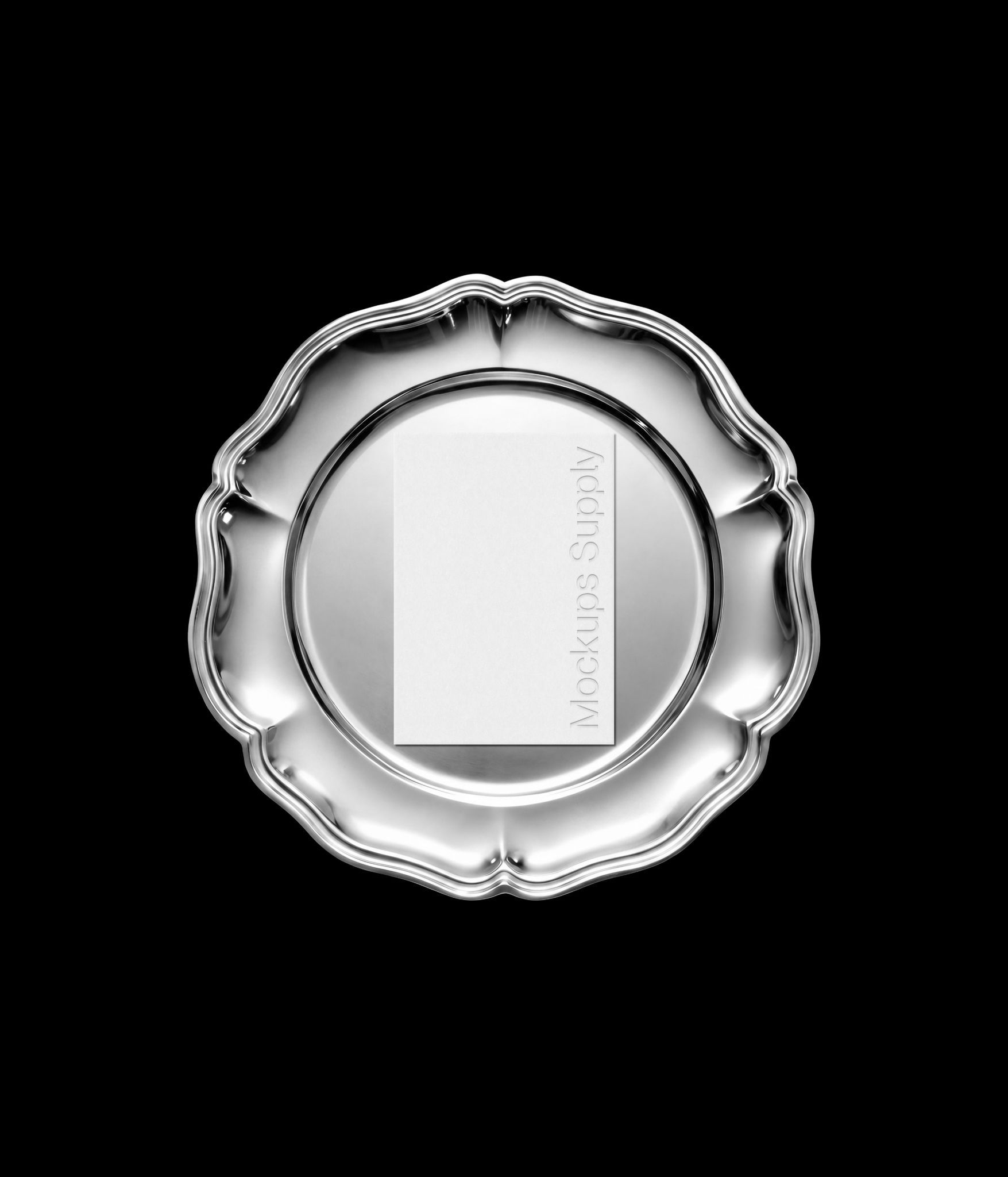 Wedding invitation card mockup on round metal plate with debossed text effect for modern branding presentation