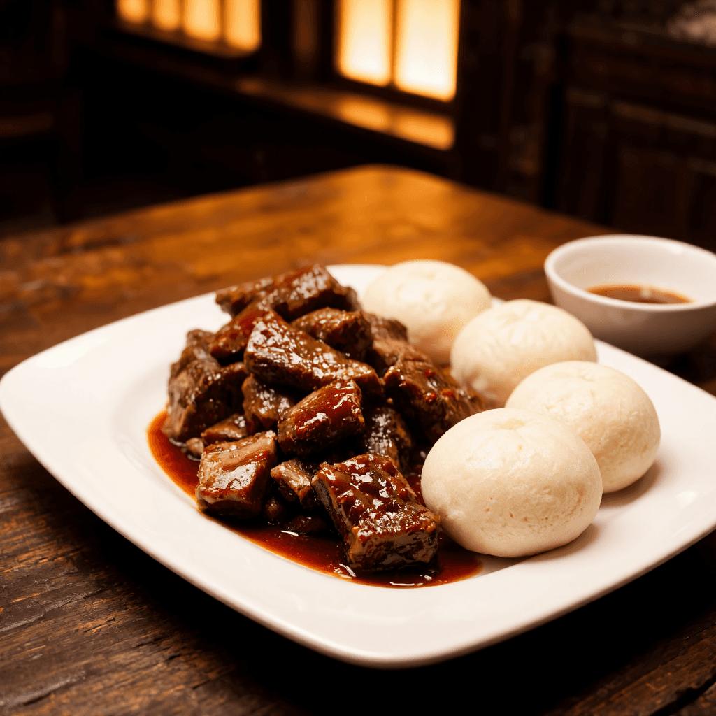 product photography of a dish of meat with sauce and steamed buns