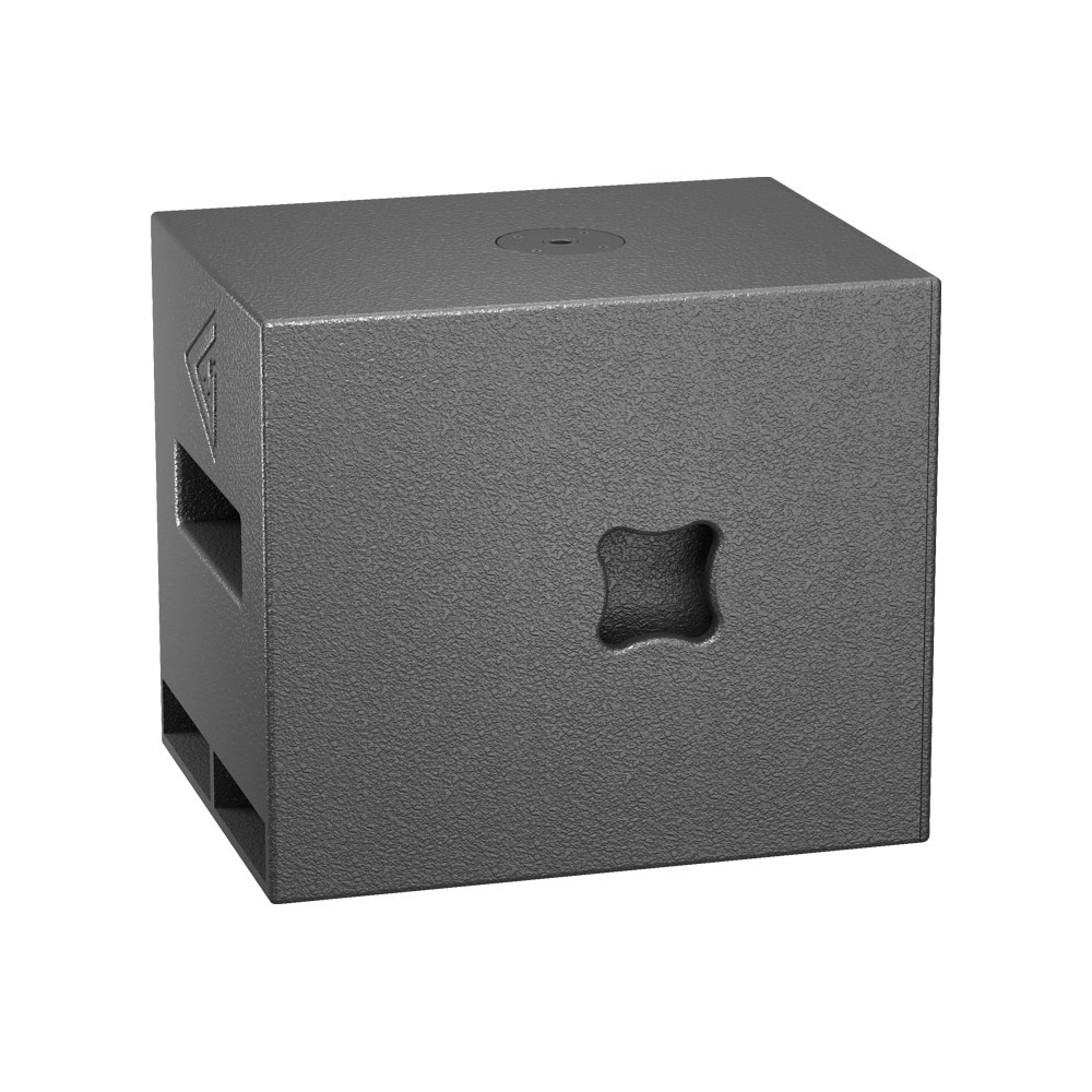 Gray speaker cabinet with a textured finish and cutouts.