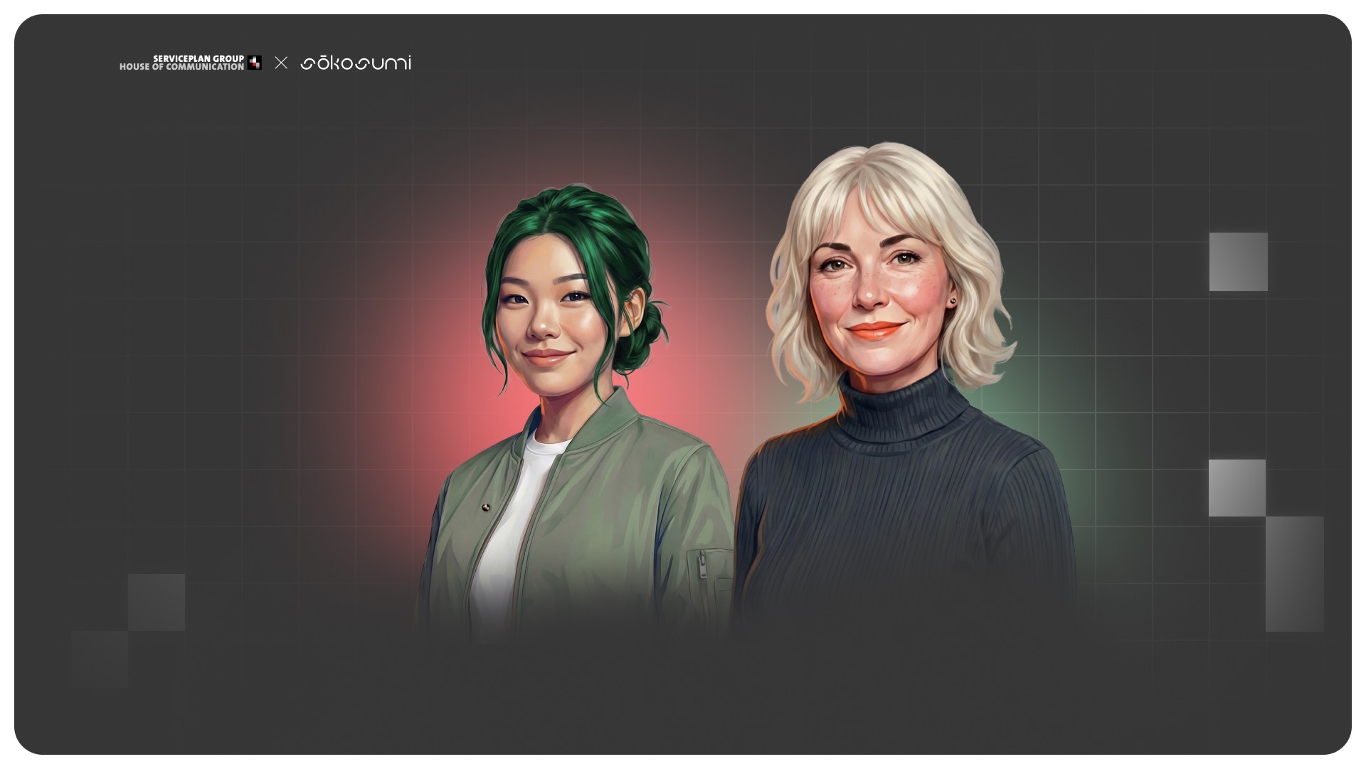 Zwei Frauen , etwa 30 Jahre alt, blcken in die Kamera, eine schwarzhaarig, eine blond