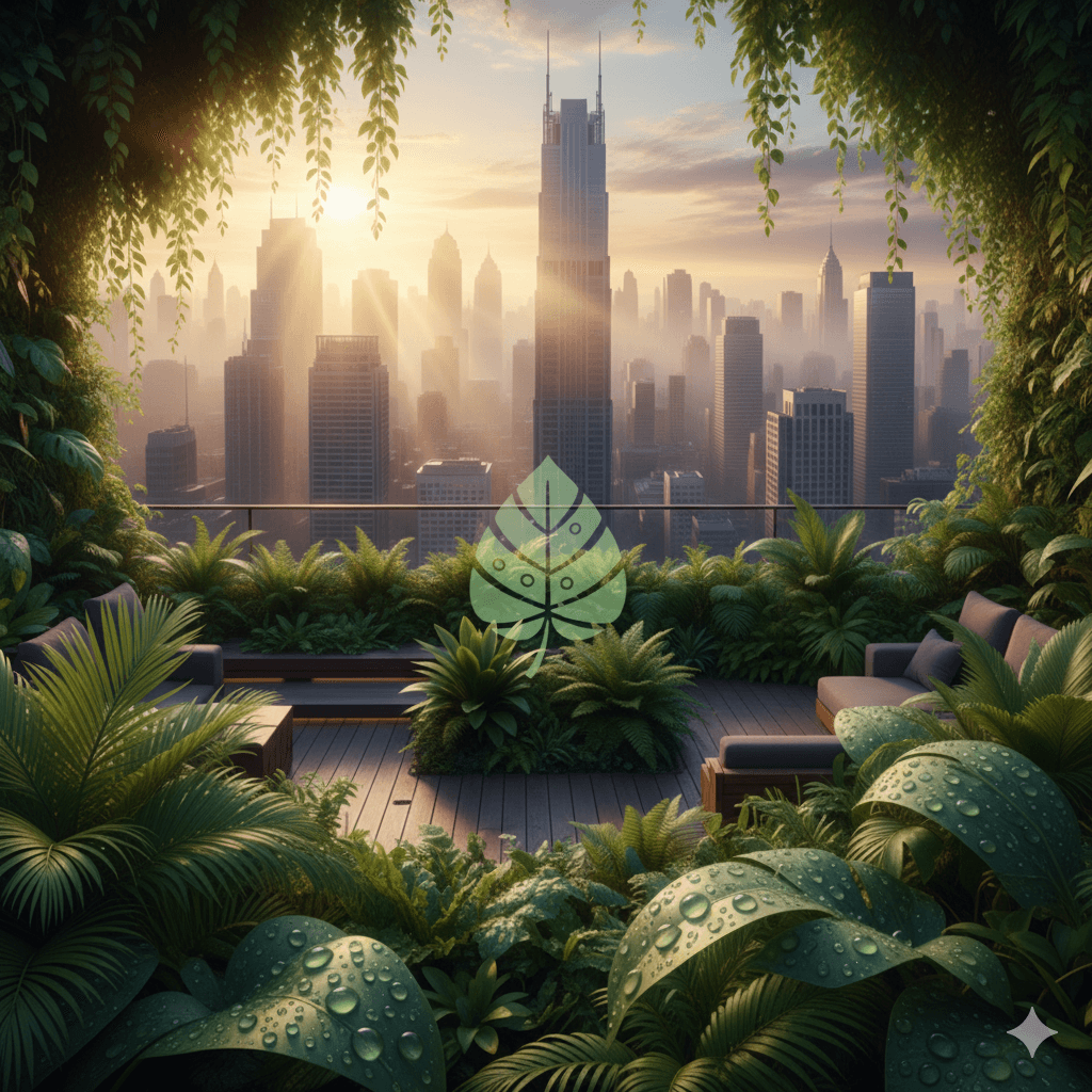 Lush green landscaped garden with dew-covered leaves, eco-friendly urban living space, MMR Mumbai