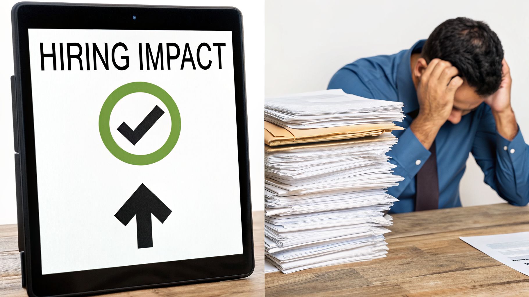 A tablet shows 'HIRING IMPACT' with a checkmark and arrow, contrasting with a stressed man overwhelmed by paperwork.