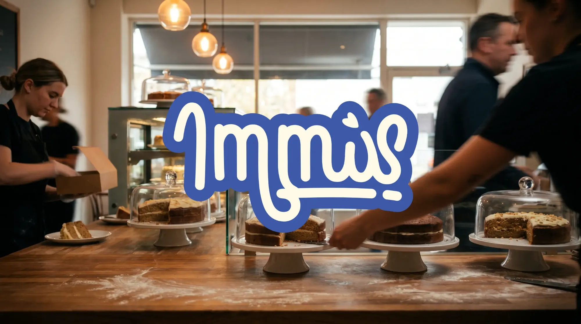 Immis logo over a busy bakery counter with cakes under glass domes