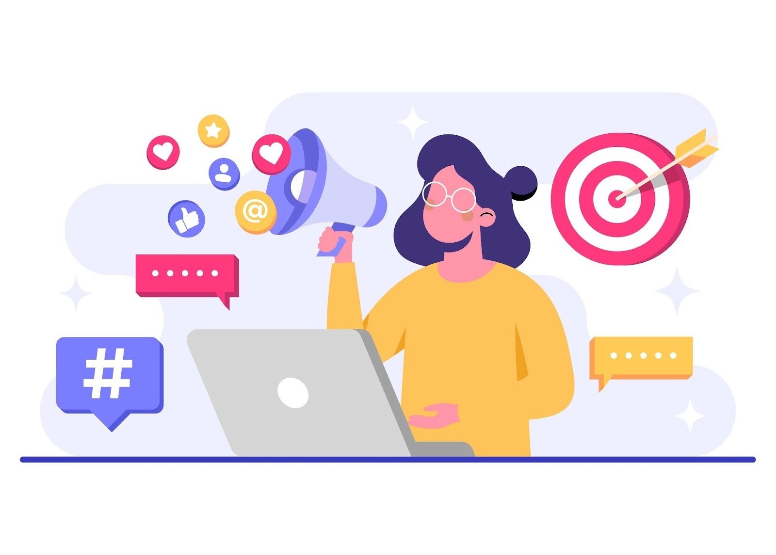 Marketer at laptop holding megaphone with influencer marketing icons including likes, hashtags, and target