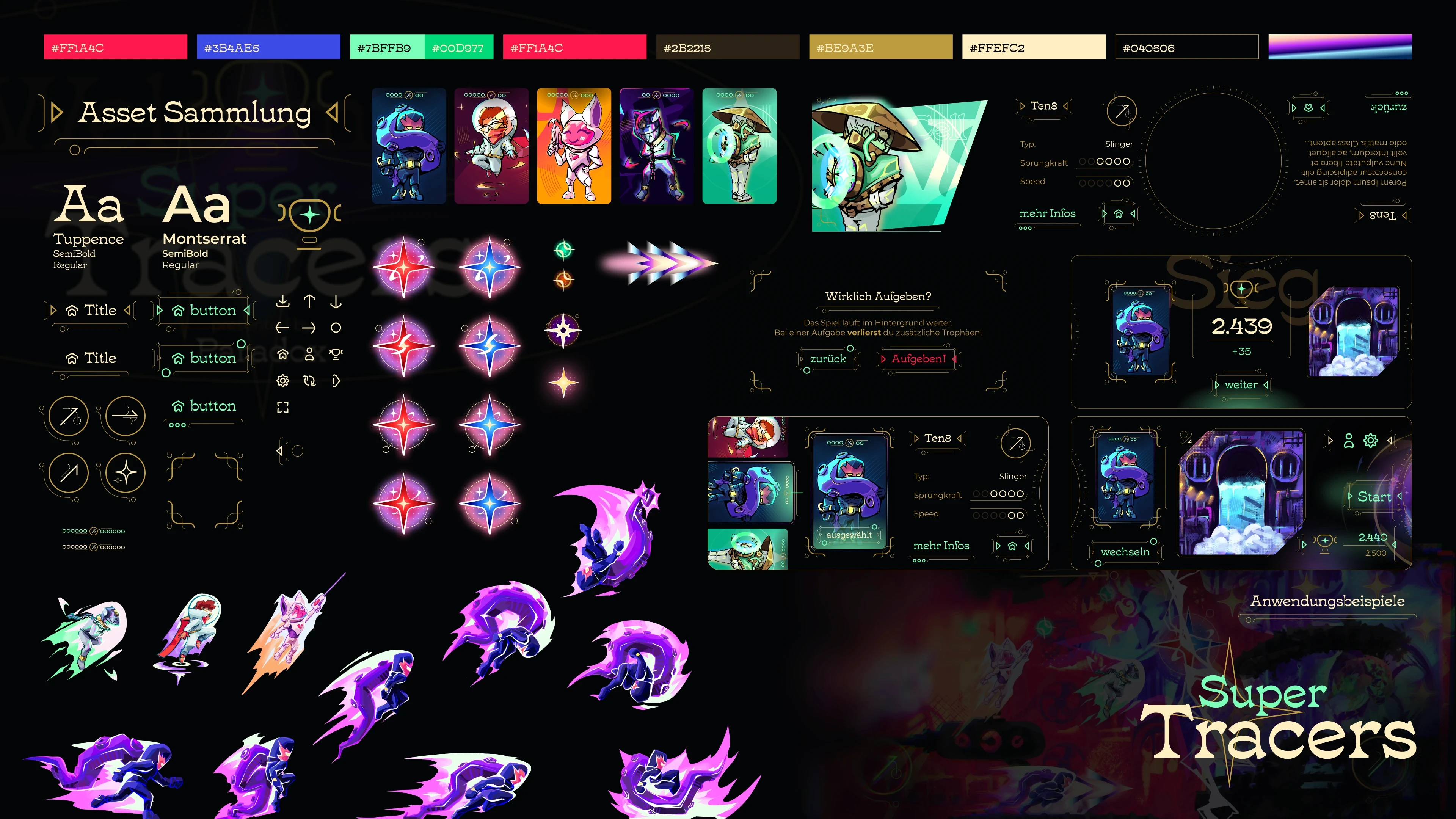 Comprehensive asset collection for SuperTracers featuring character sprites, in-game items like Chrono Shards, and Atomic Design System UI components in the Paradox aesthetic.