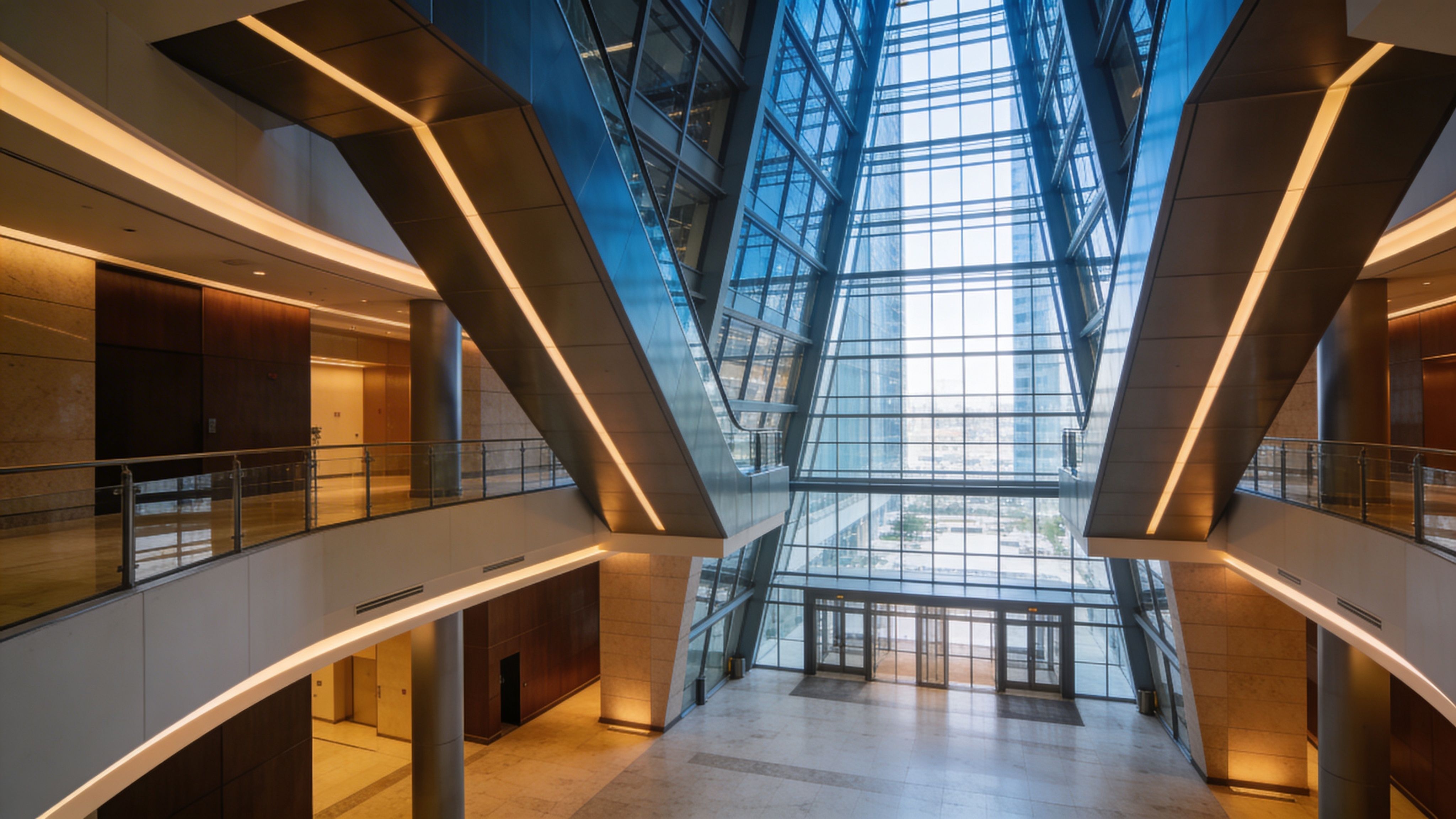 Modern corporate building lobby with glass architecture and spacious interior design