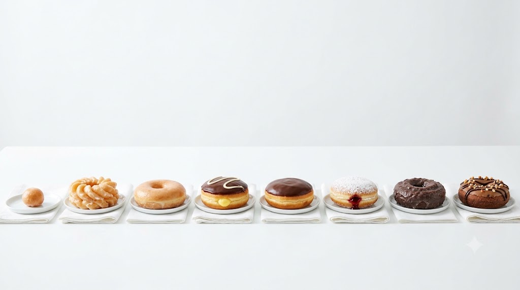 A side-by-side visual guide for a nutrition article, showcasing a lineup of eight delicious donuts from Dunkin' and Krispy Kreme. The donuts are arranged by caloric content, featuring favorites like a single glazed donut hole, French cruller, simple glazed, Boston cream, chocolate frosted, powdered jelly-filled, old-fashioned cake, and a rich chocolate-hazelnut topped donut, each placed on individual small white plates on a bright modern table, illustrating a variety of menu choices.