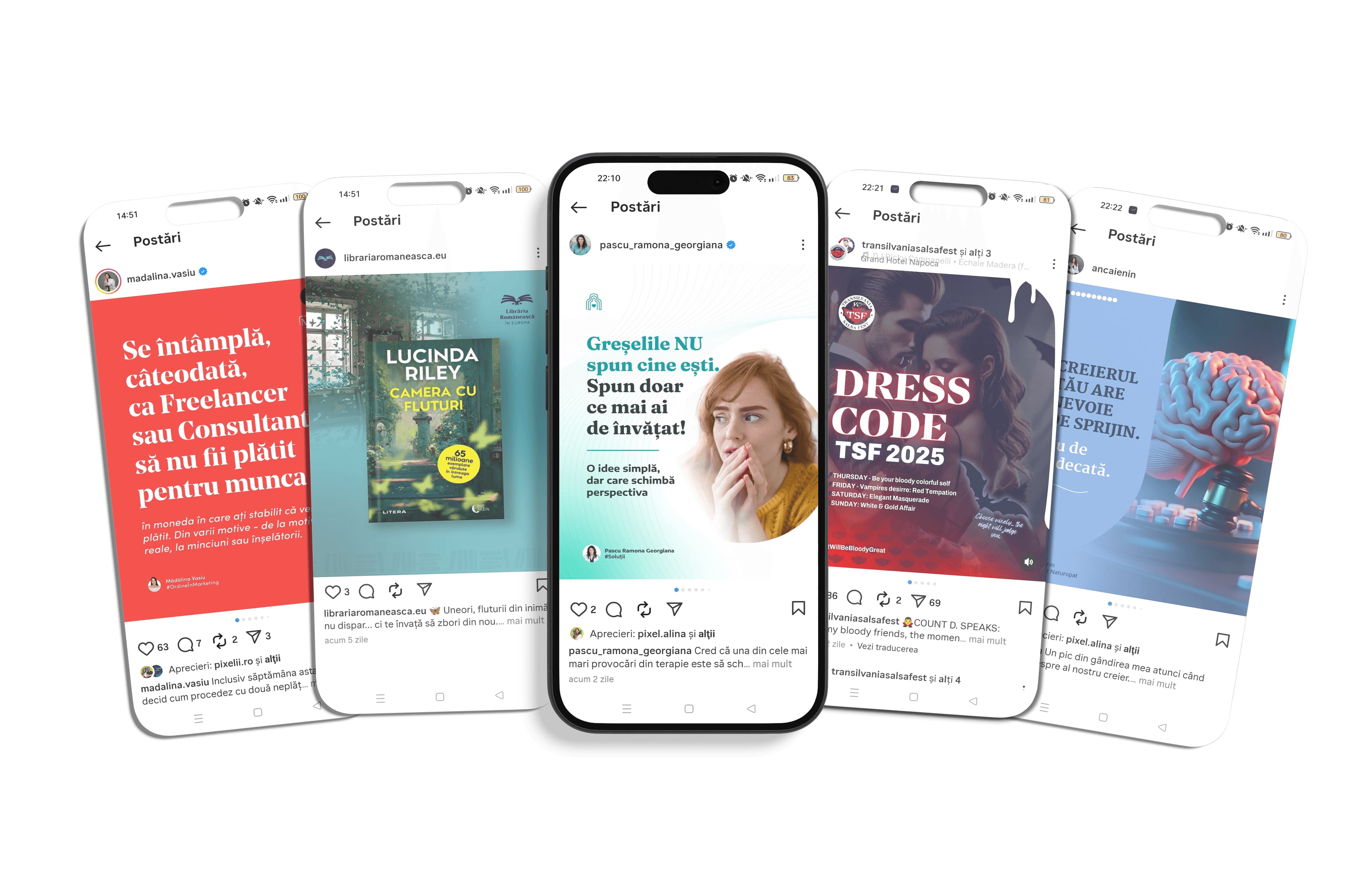 Mockup cu template-uri de social media create pentru amona Pascu, Madalina Vasiu, Libraria Romaneasca in Europa, Transilvania Salsa Fest si Anca Ienin
