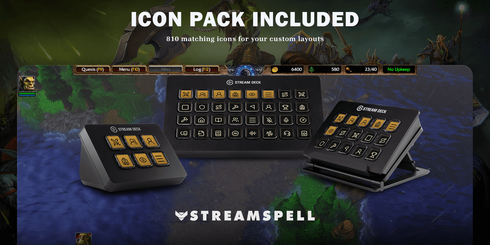 Warcraft III icon pack preview with gold-framed category and action buttons on Stream Deck Mini, XL and MK2