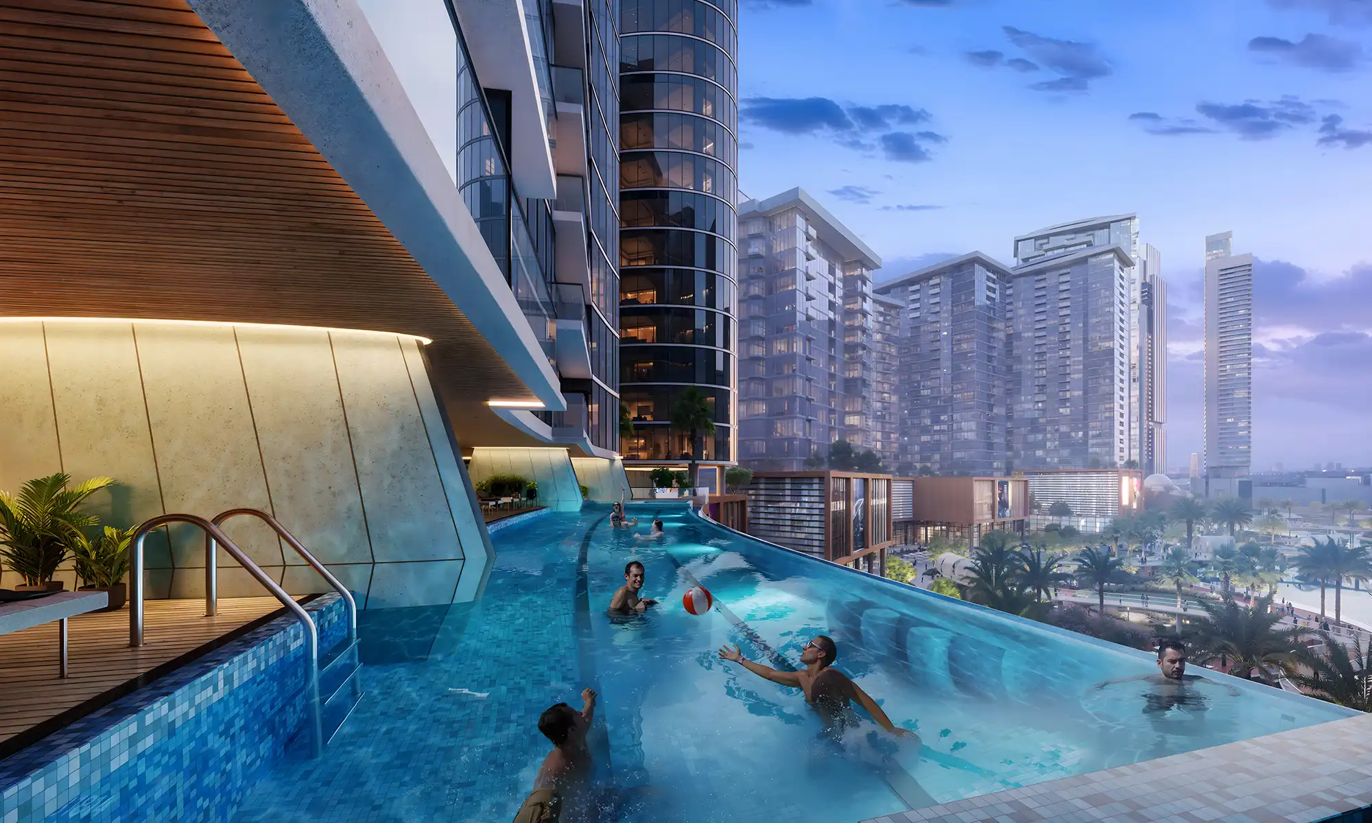 Residents enjoying the infinity edge pool with city views at Orchid Tower; an exclusive lifestyle choice.
