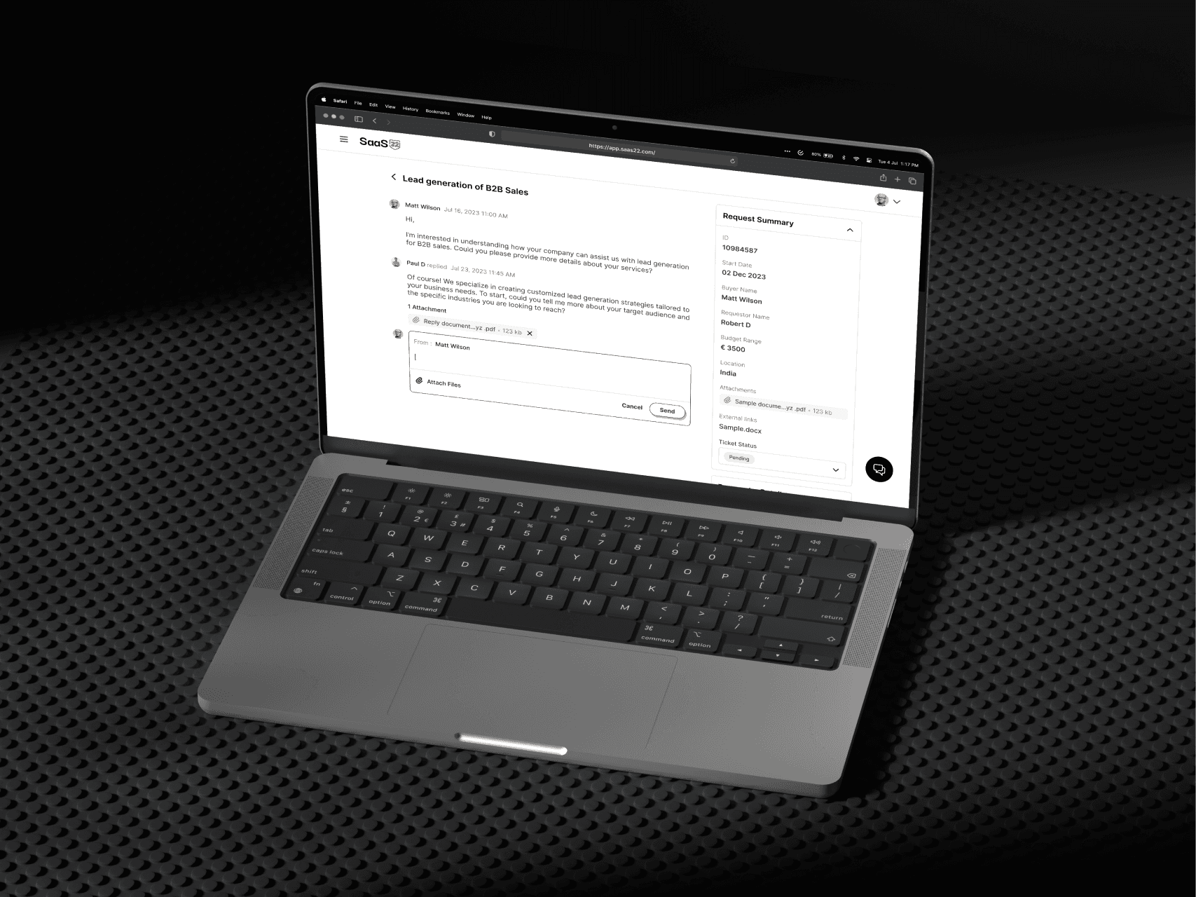 SaaS22 app screen showing detailed lead generation request summary