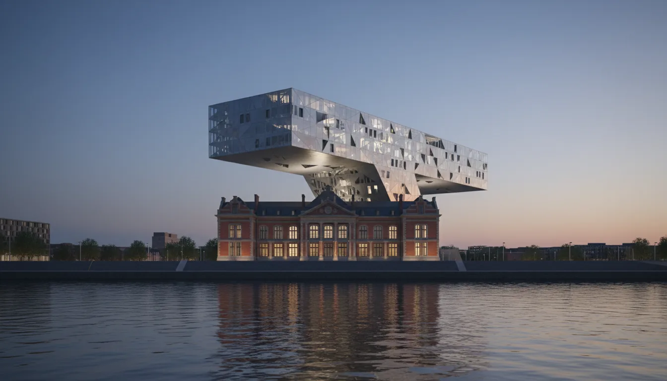 3D render of the Port House in Antwerp, a futuristic Zaha Hadid building, featuring a deconstructivist, faceted glass and steel structure perched atop a classic historic building. The scene is a low-angle, wide shot from across a river at twilight. The lighting is soft global illumination with a deep blue and soft orange gradient sky. The modern facade reflects the sky while the historic building's windows glow with warm interior light, creating subtle reflections in the calm water. Blender style, photorealistic, cinematic quality.