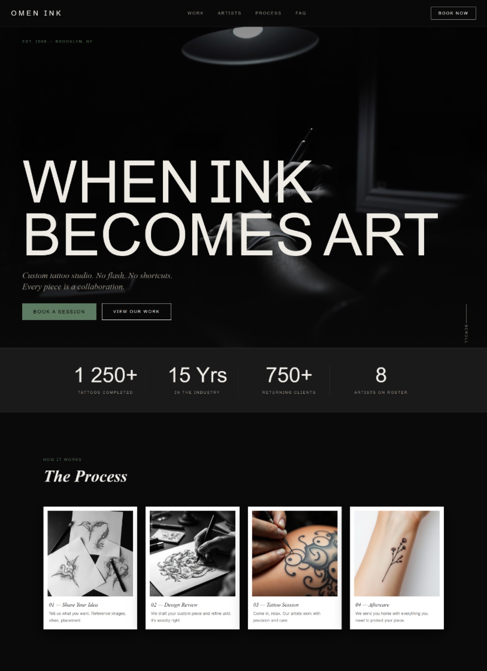 Tattoo Studio Website Prompt preview — dark hero section with Bebas Neue headline "WHEN INK BECOMES ART", warm cream type on near-black background, sage-green studio location badge
