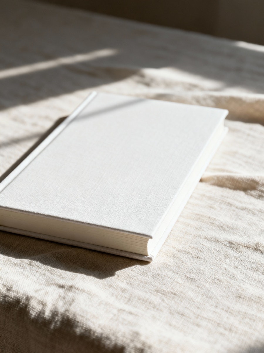 closed white notebook on a beige fabric surface