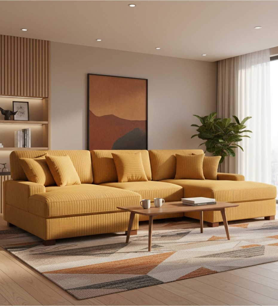 Luxury contemporary sofa with neutral fabric upholstery and exposed wooden frame