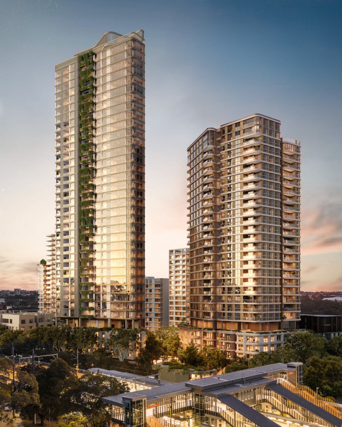 Architecturally designed apartment towers at Concord Central positioned beside Concord West Station with premium urban village living.