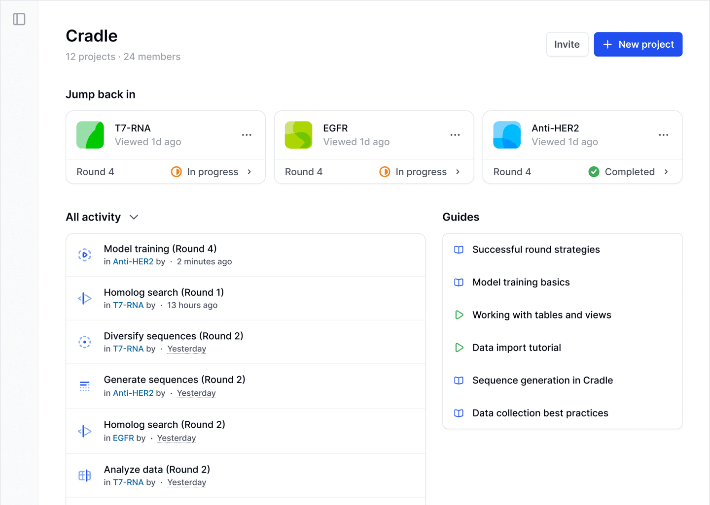 Cradle web app dashboard showing recent projects, activity and guides