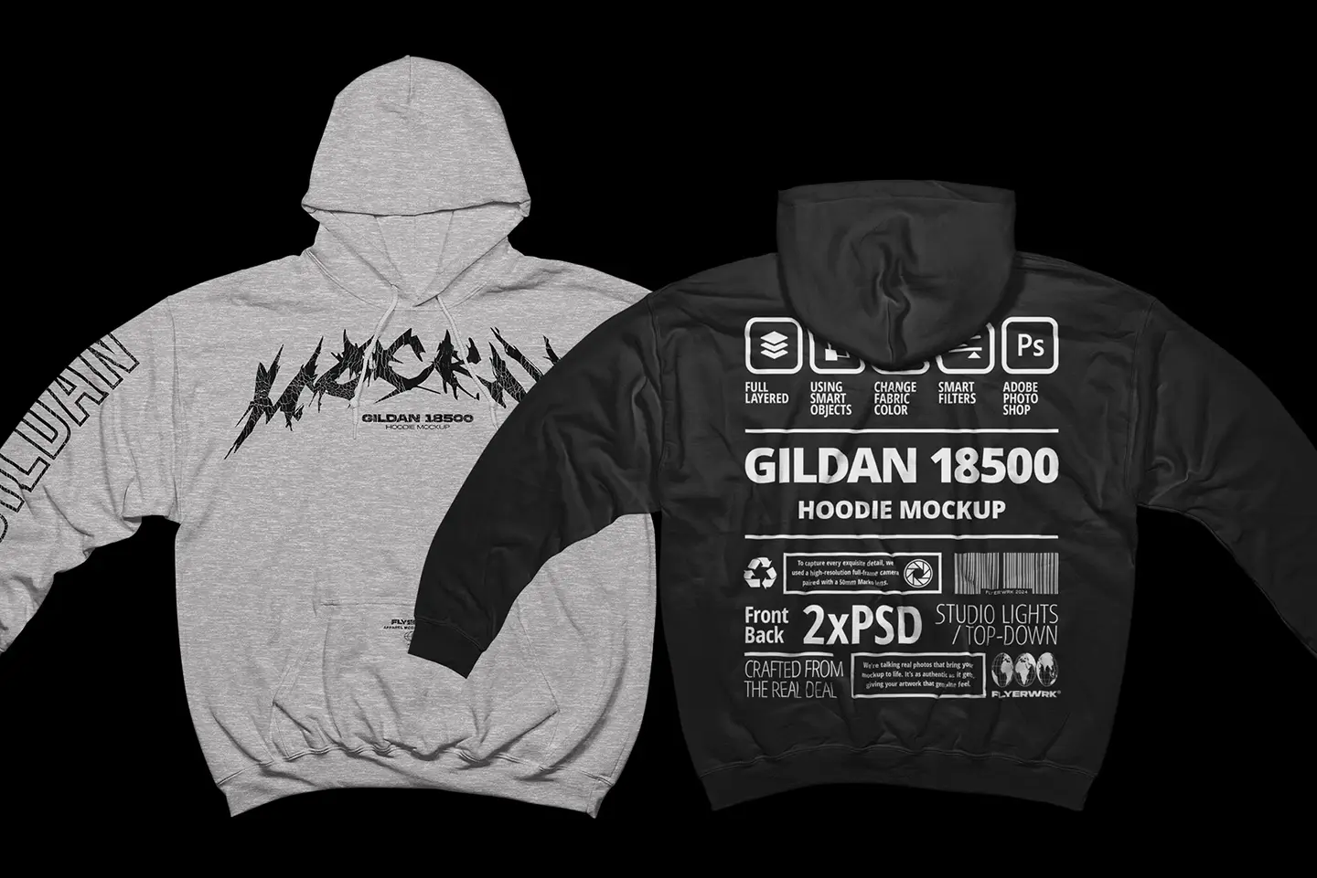 Gildan 18500 Hoodie Wide Arms mockup showing front and back design preview