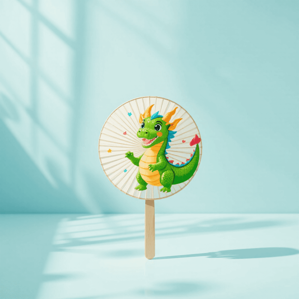 product photography of a round fan with a cute dragon design