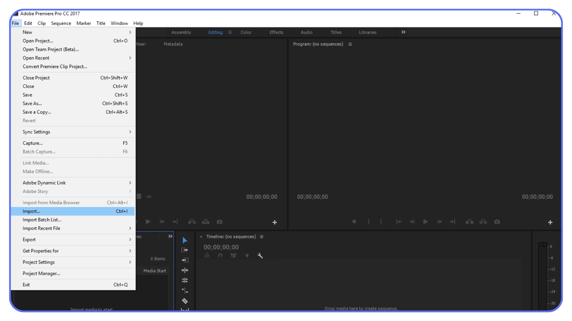 Adobe Premiere Pro file menu showing import options for bringing media and project files into a timeline