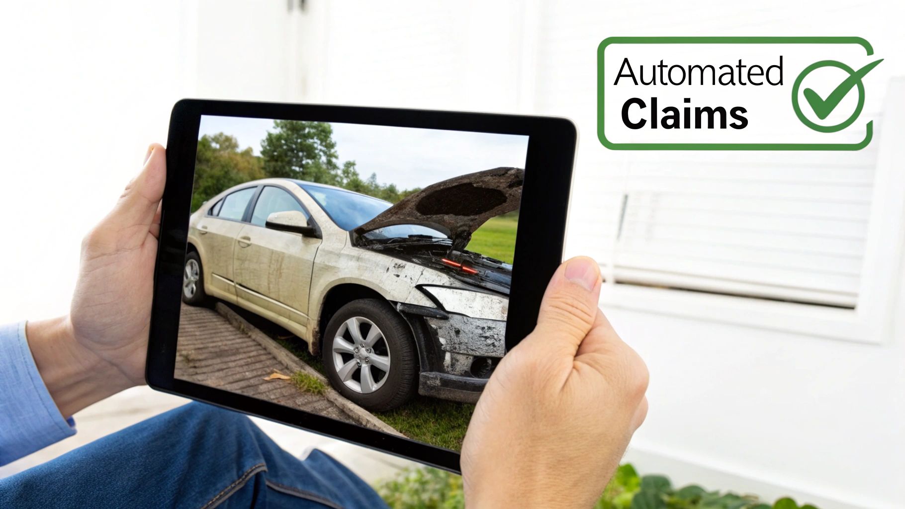 Hands holding a tablet displaying a wrecked car and the 'Automated Claims' logo.