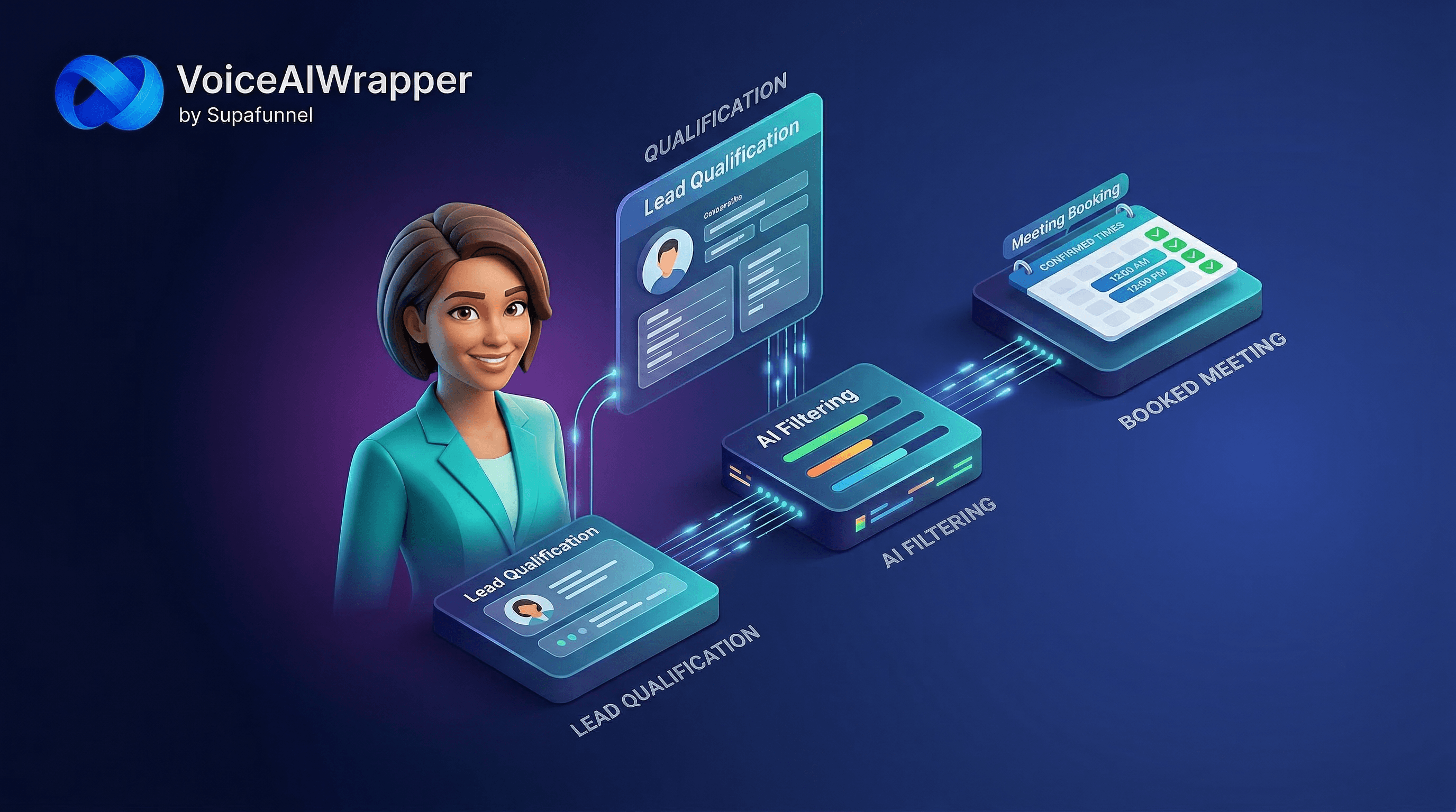 Voice AI lead qualification hero with branded AI voice calls and chat, automated scoring routing and booking, using Vapi Retell or ElevenLabs | VoiceAIWrapper.