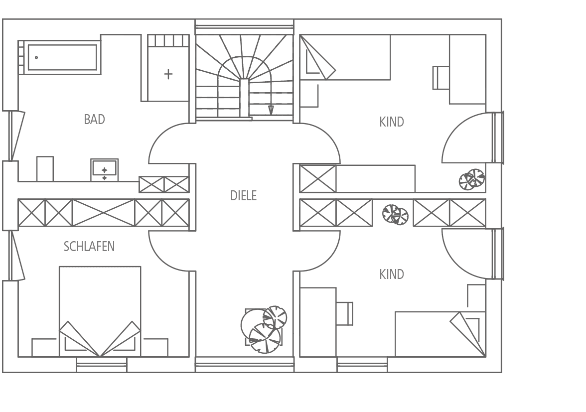 Grundrissskizze von einem Wohnbereich mit Bad, Schlafzimmer, Diele und zwei Kinderzimmern.