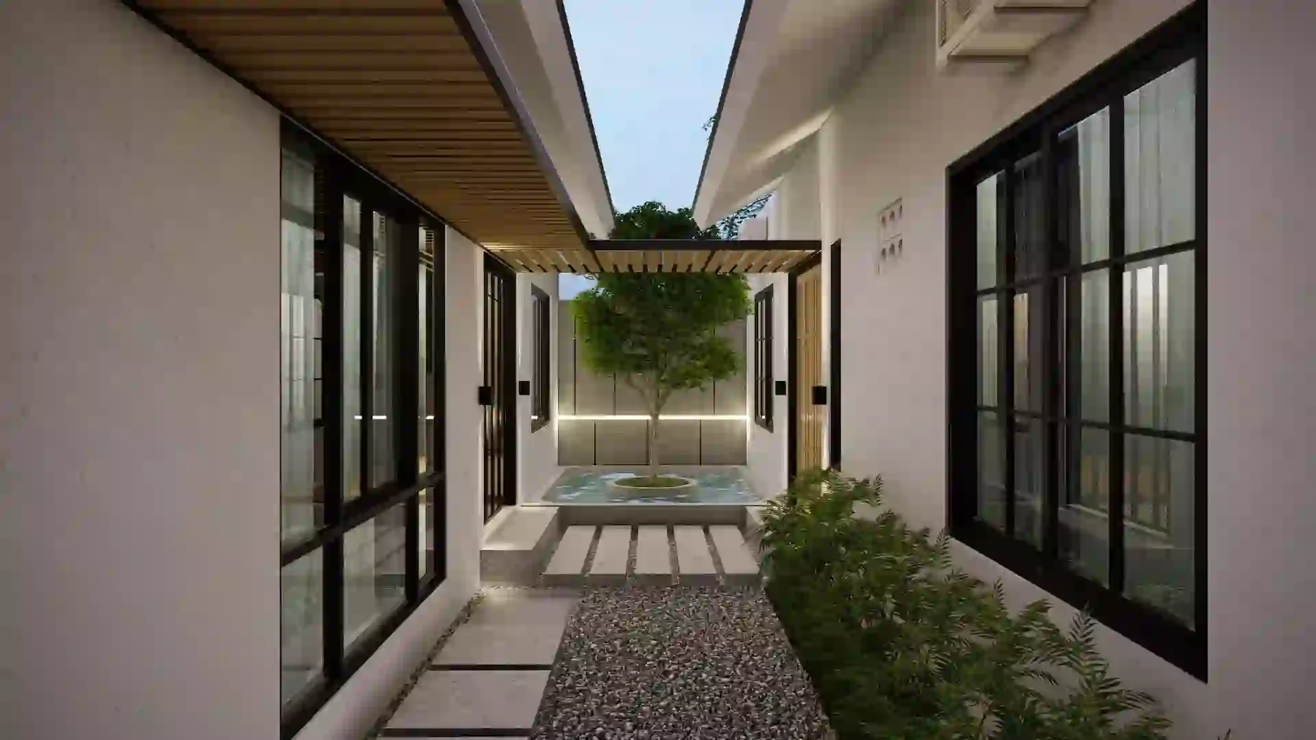 Mono House - Ruang Penghubung Bangunan dengan Kanopi di Sore Hari