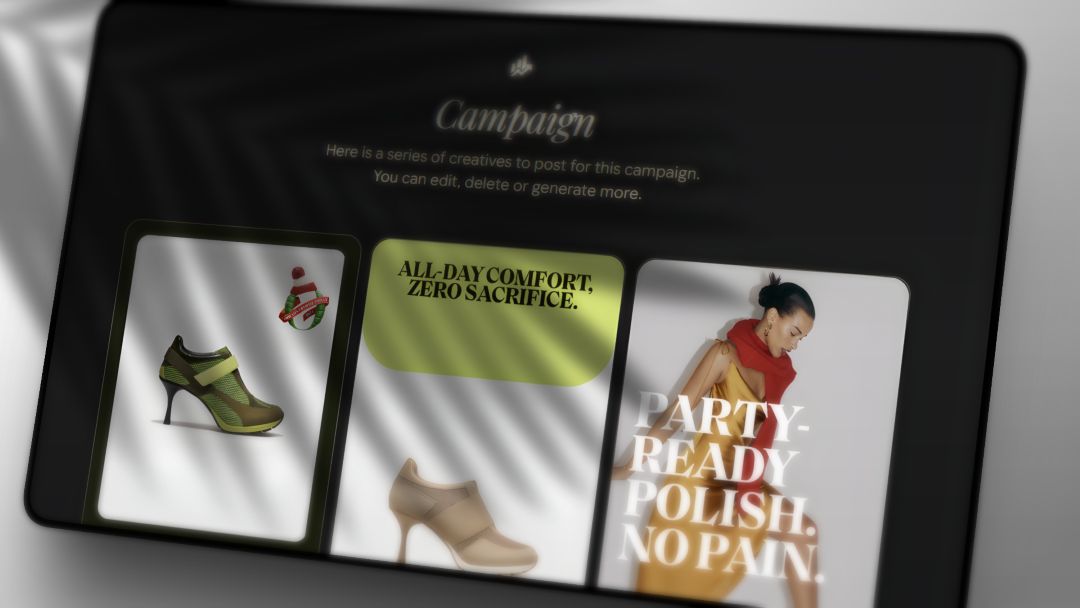 Google Pomelli campaign dashboard displayed on a tablet, showing three AI-generated ad creatives for a footwear brand, featuring different layouts, product shots, and lifestyle imagery with copy.